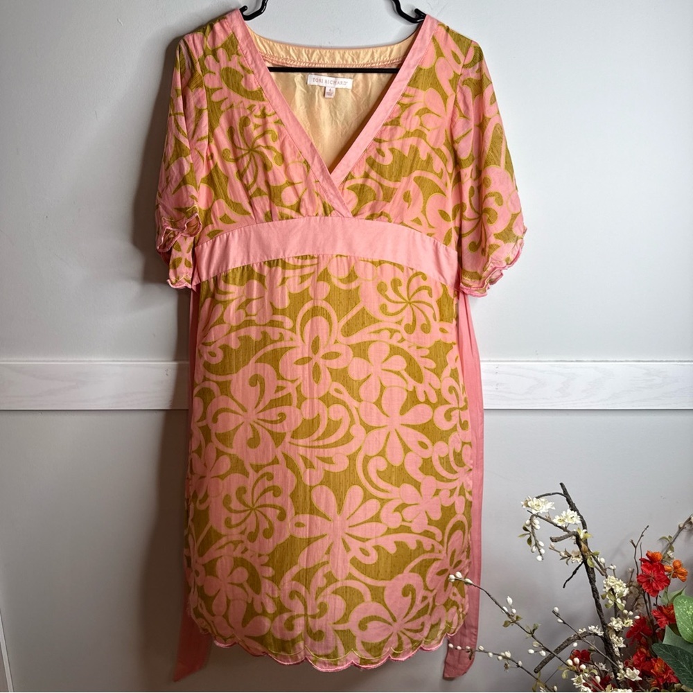 Tori Richard Pink and Green Silk Cotton Hawaiian Mini Dress